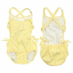 Vintage Baby Girl Gingham Swimsuit 6M Yellow White Criss Cross Back 1970s
